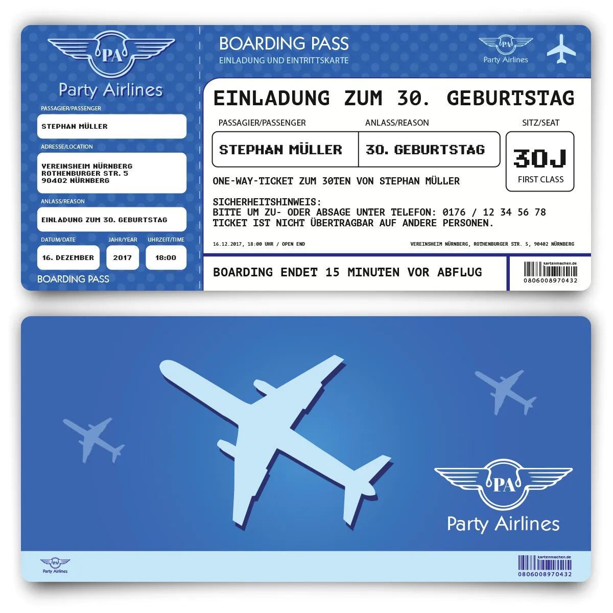 Geburtstag Einladungskarte als Flugticket - Blau