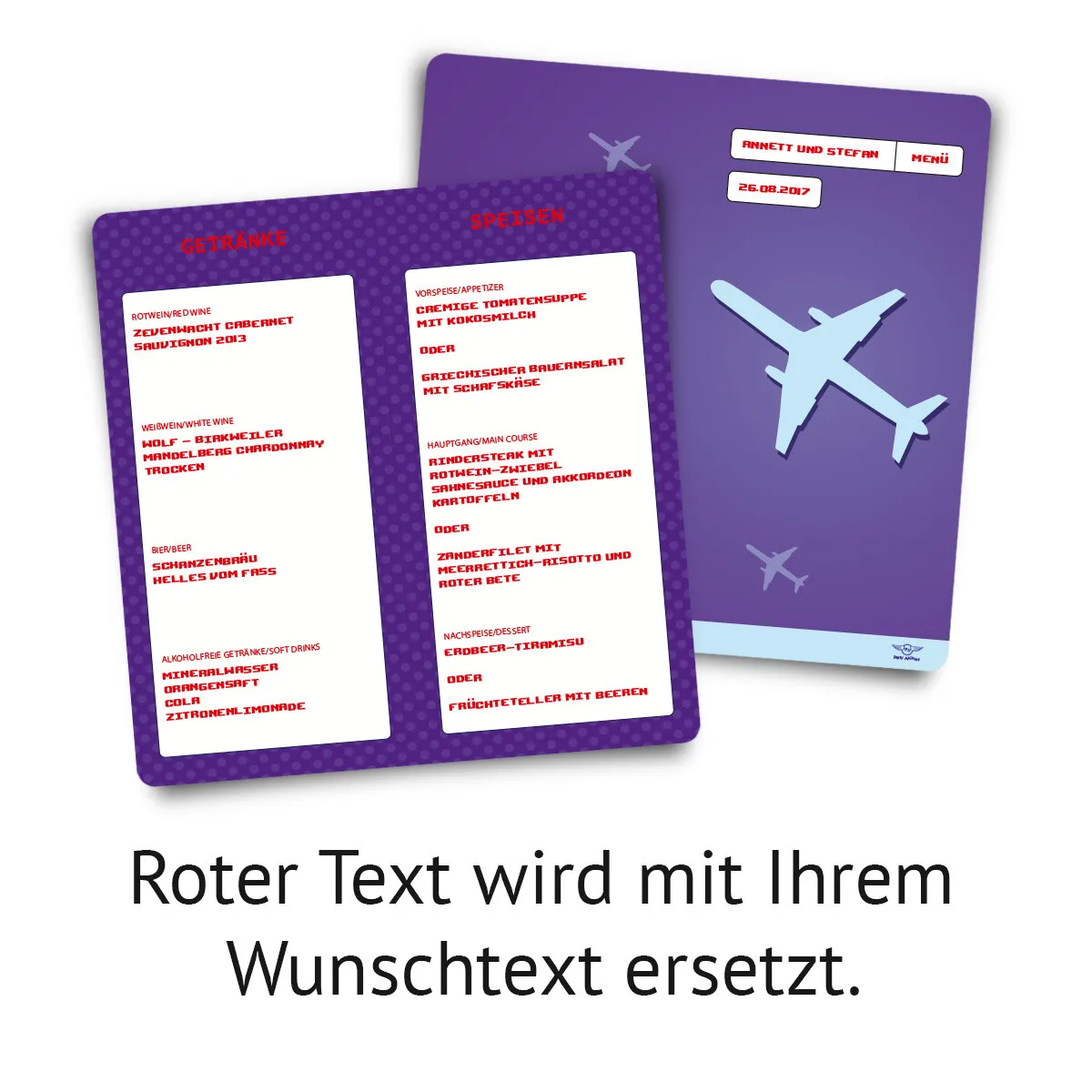 Hochzeit Menükarten im Flugticket Motiv - Lila