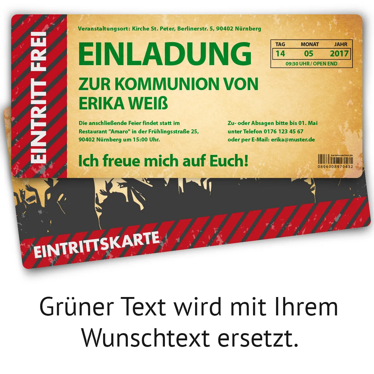 Kommunion Einladungskarten als Ticket - Party / Vintage