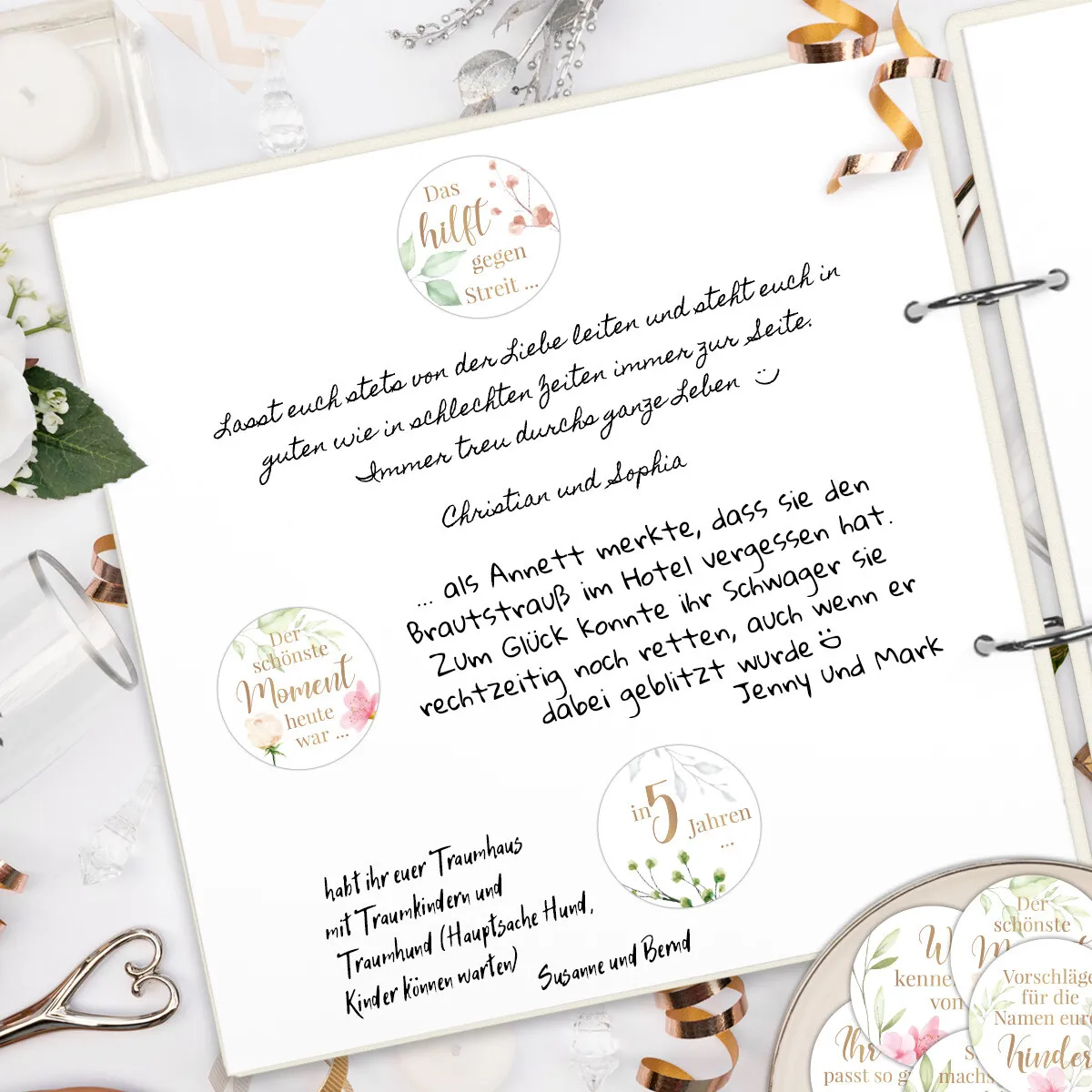 Hochzeit Gästebuch Sticker 40 Fragen - Blumen