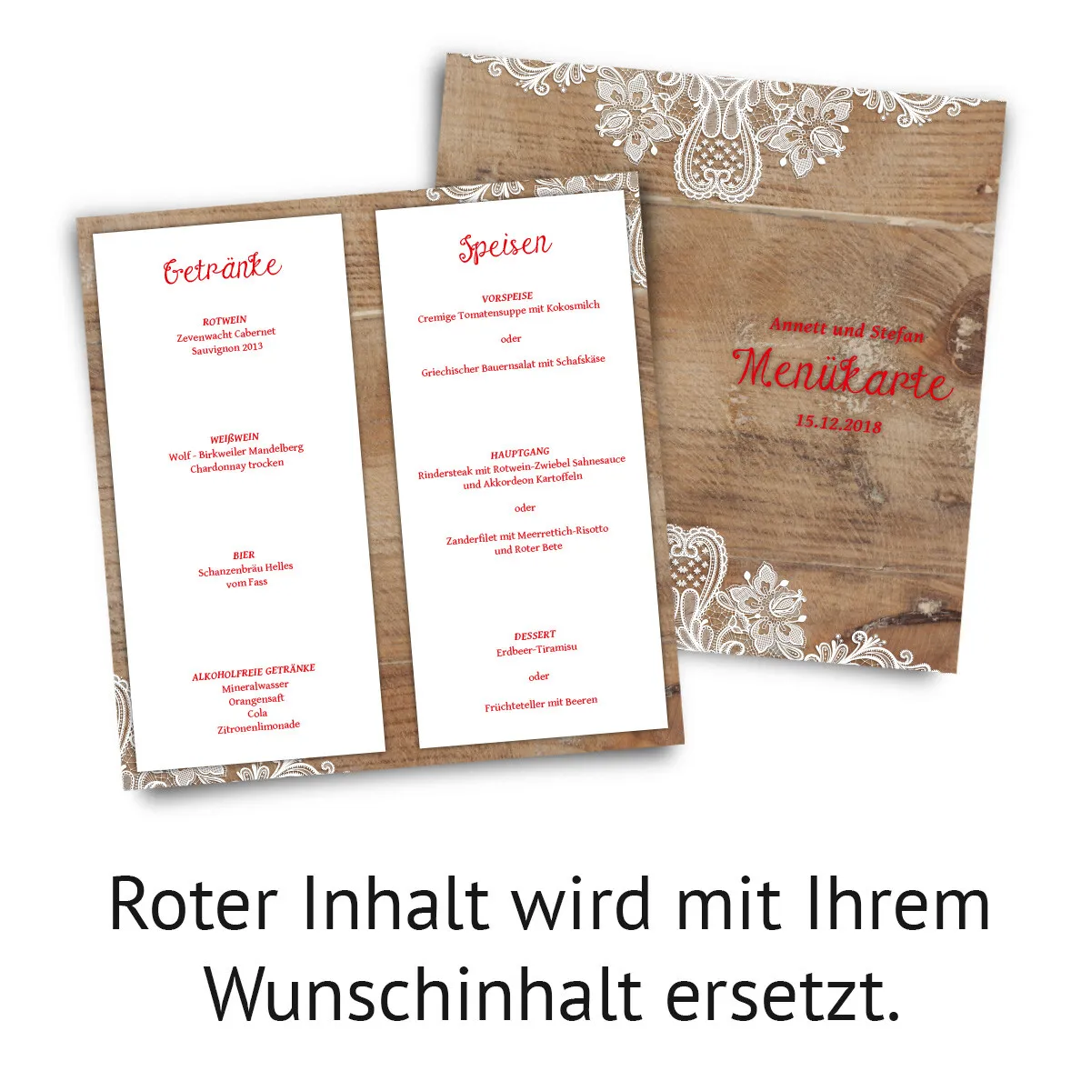 Hochzeit Menükarten - Rustikal mit weißer Spitze DIN Lang