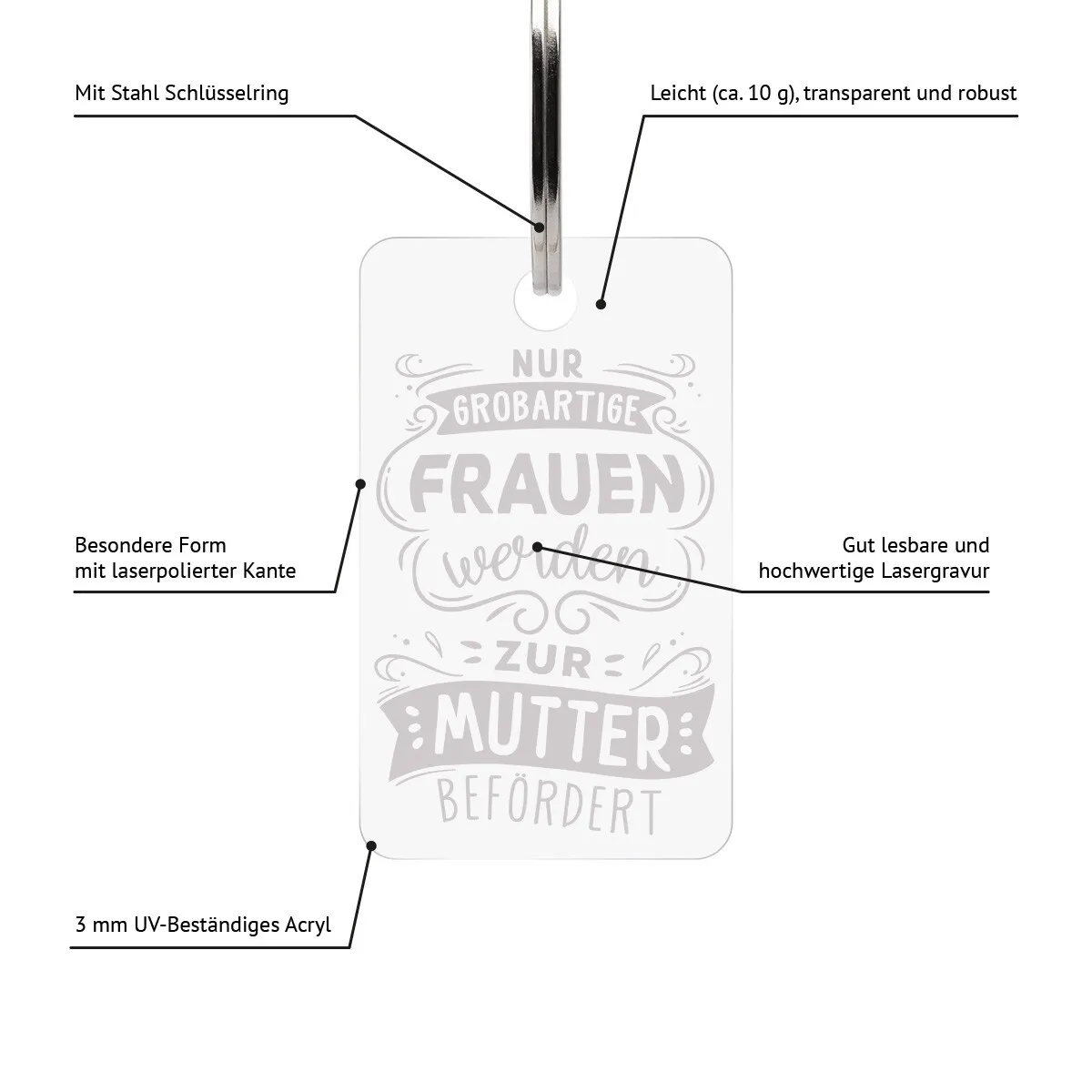 Acrylglas Schlüsselanhänger als Rechteck - Zur Mutter befördert