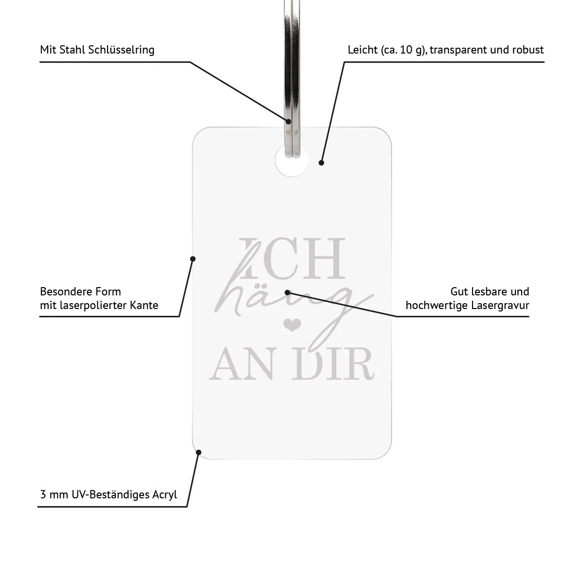 Acrylglas Schlüsselanhänger als Rechteck - Ich häng an dir