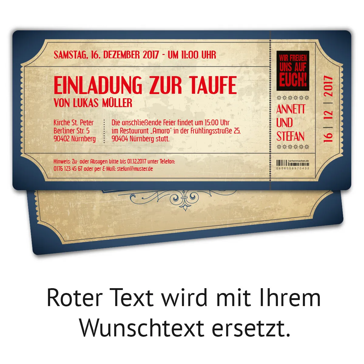 Taufe Einladungskarten - Vintage Eintrittskarten in Blau