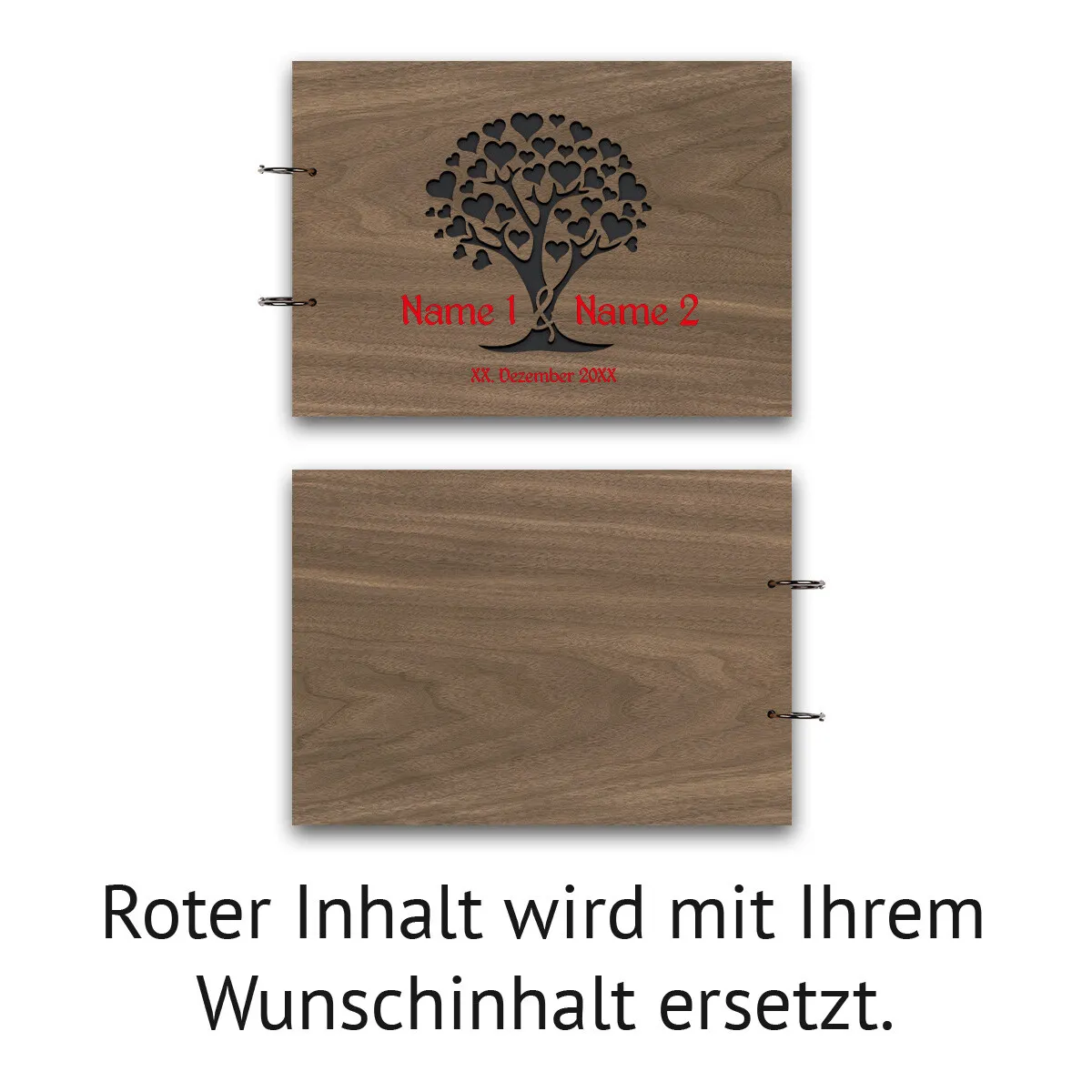 Personalisiertes Hochzeit Fotoalbum Nussbaum Holz A4 quer - Herzbaum