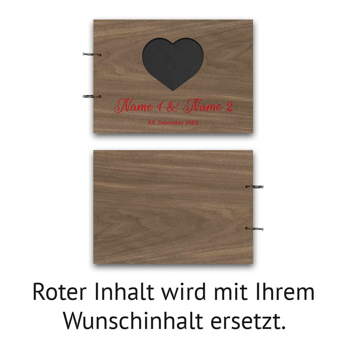 Personalisiertes Hochzeit Fotoalbum Nussbaum Holz A4 quer - Herz