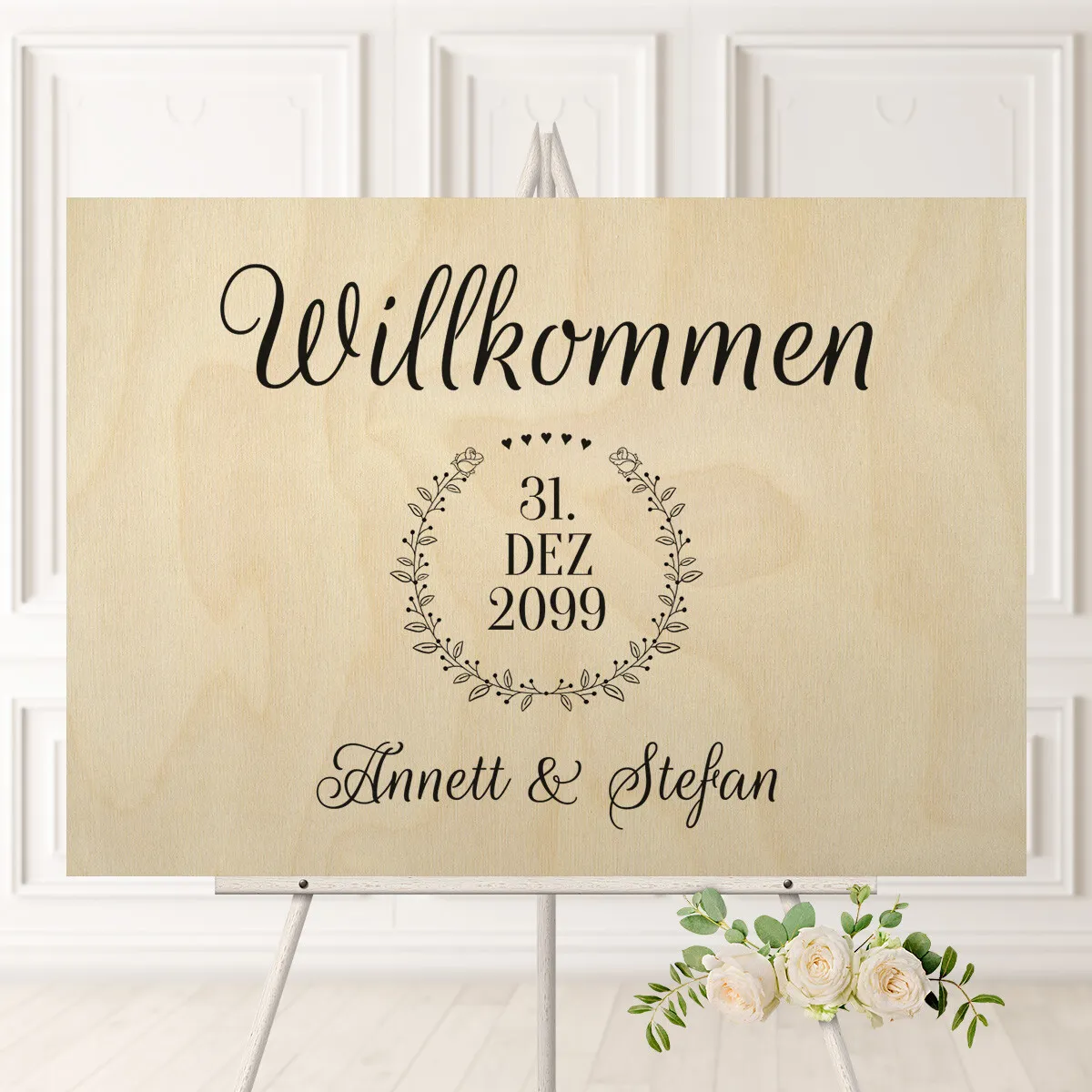 Personalisiertes Willkommensschild zur Hochzeit Birkensperrholz - Rosenkranz