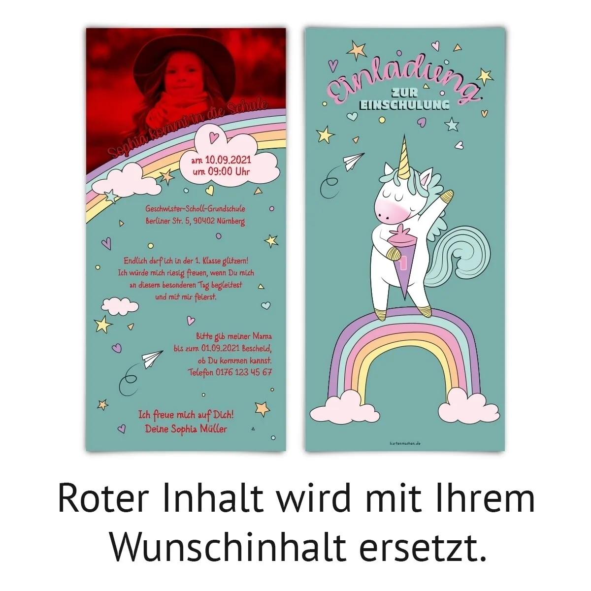 Einschulung Einladungskarten - erste Klasse Einhorn