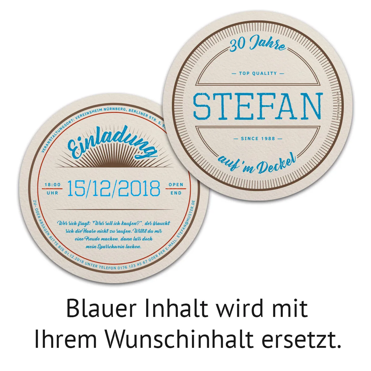 Runde Geburtstag Einladungskarten als Bierdeckel - Klassisch Vinage