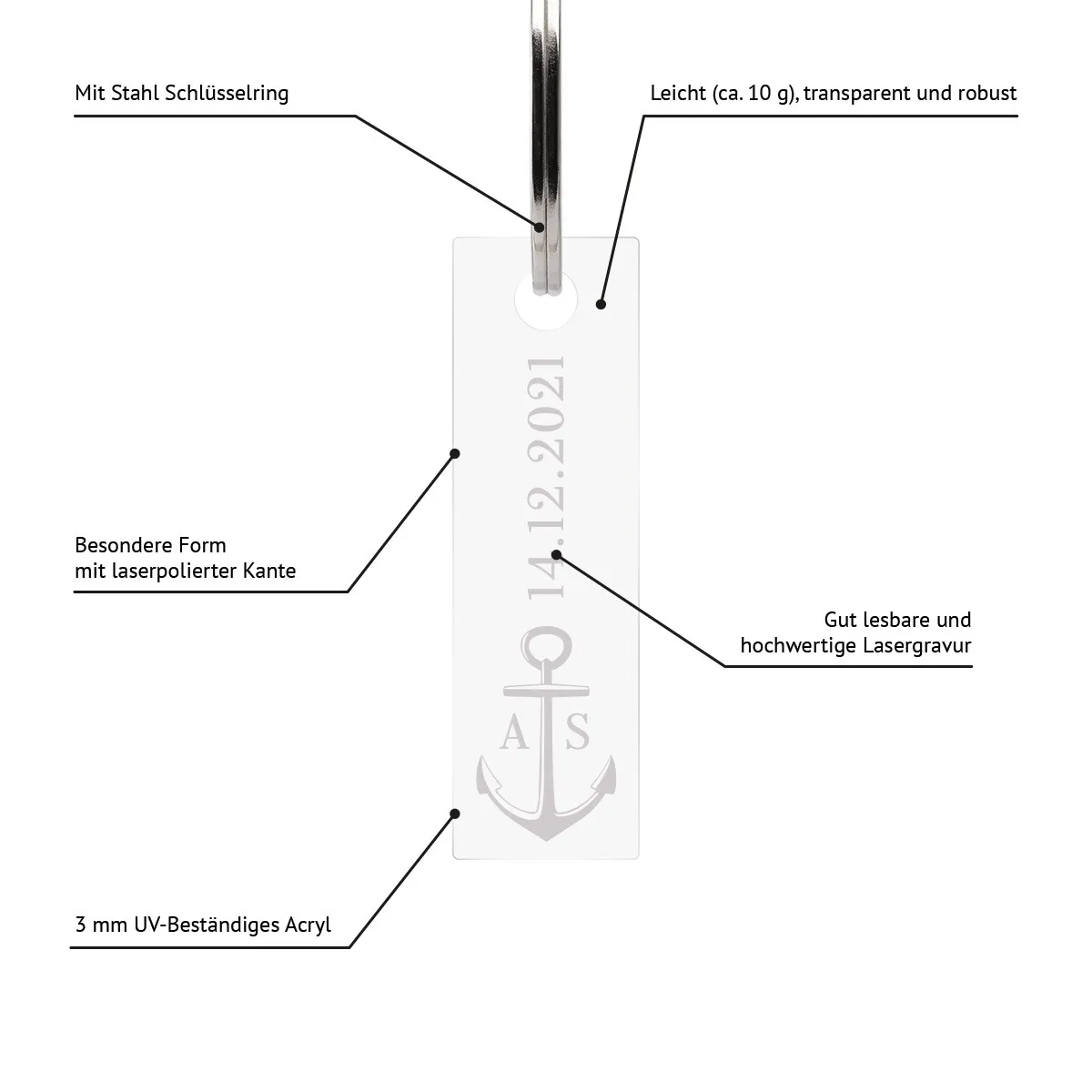Personalisierter Acrylglas Rechteck Schlüsselanhänger - Anker
