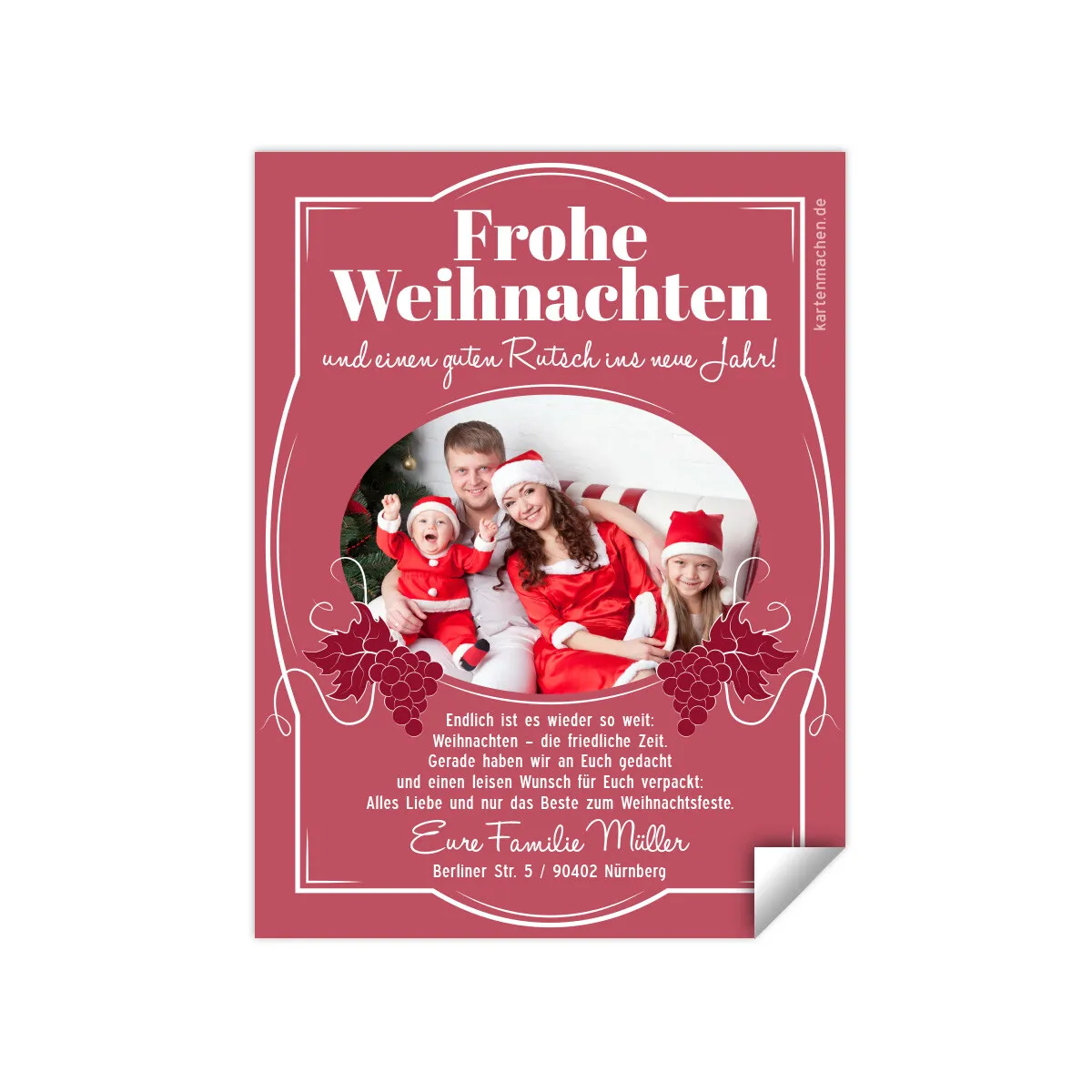 Weihnachtsgrußkarte als Flaschenetikett – Wein in Rot