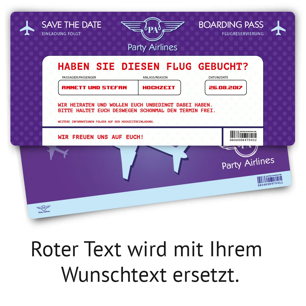 Save the Date Karte im Flugticket Motiv - Lila