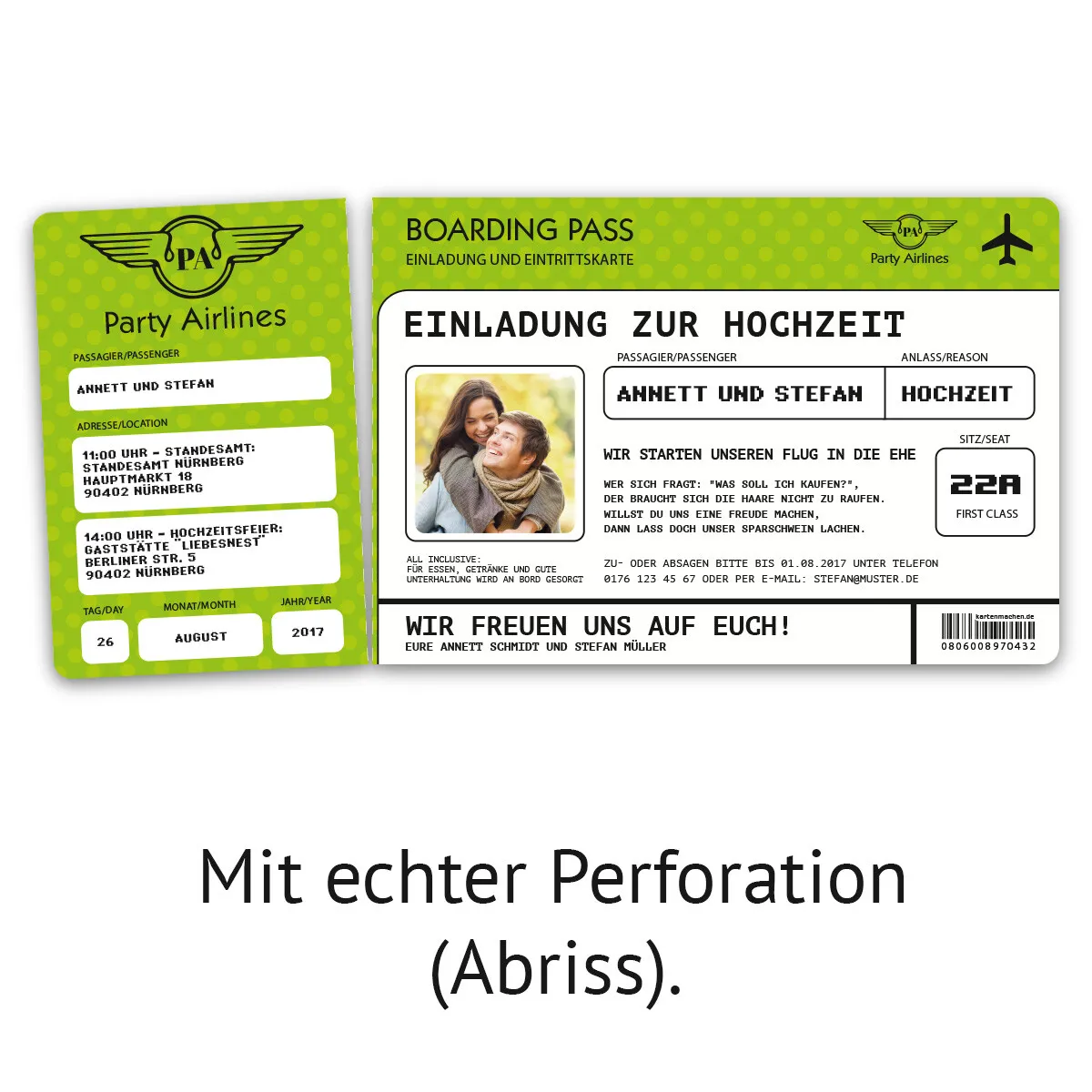 Hochzeitskarten als Flugticket - Grün