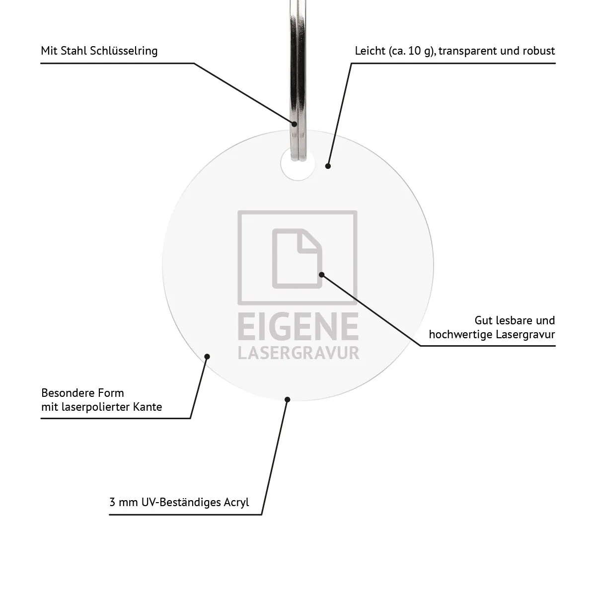 Personalisierter Acrylglas Schlüsselanhänger als Kreis - Eigene Gravurdatei hochladen