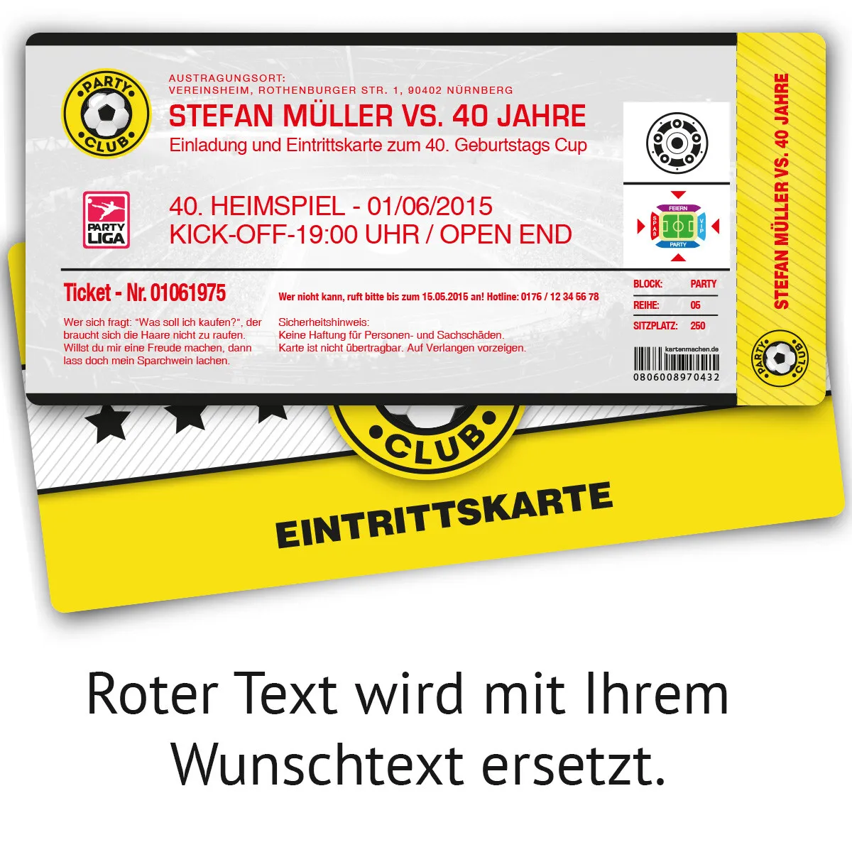 Einladungskarte als Fussballticket - Gelb