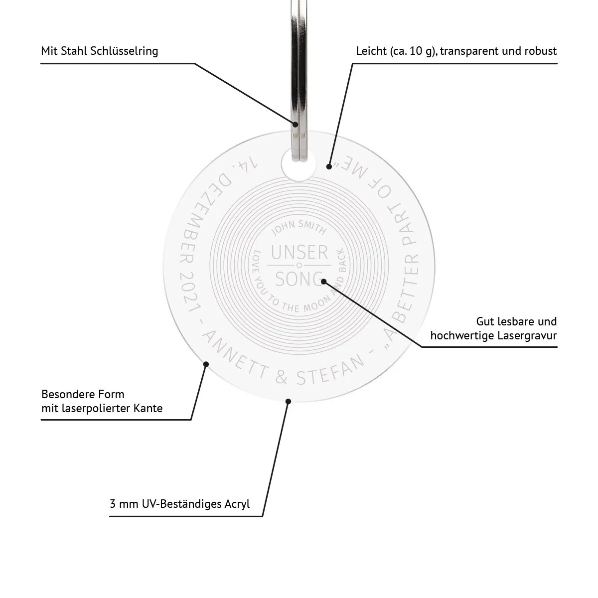 Personalisierter Acrylglas Schlüsselanhänger als Kreis - Unser Song