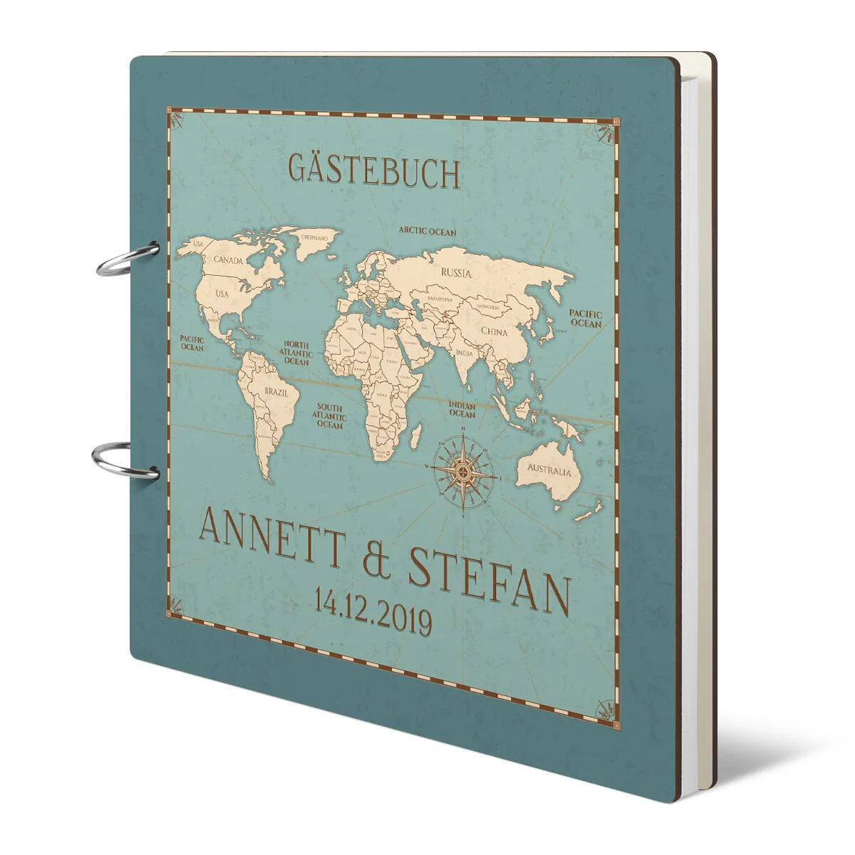 Personalisiertes Holzcover Hochzeit Gästebuch - Weltkarte