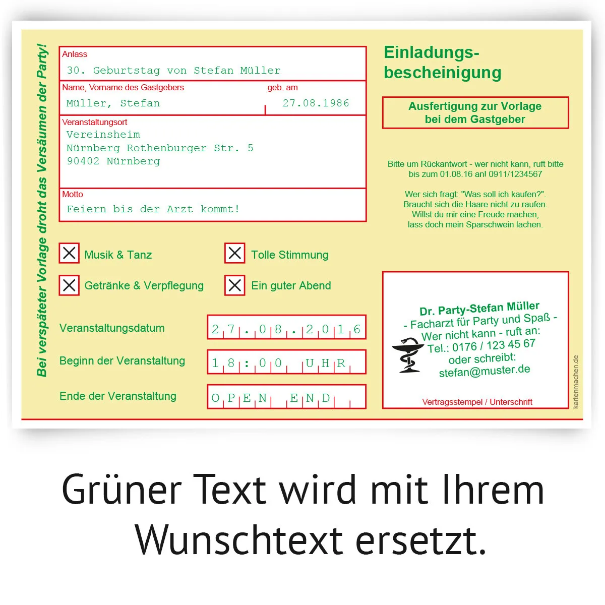 Einladungskarte als Krankschreibung - Gelb