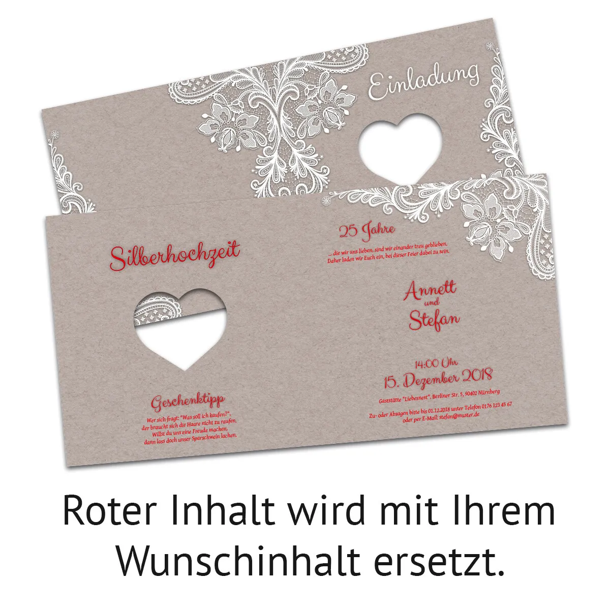 Lasergeschnittene Einladung Silberhochzeit - Rustikal Kraftpapier