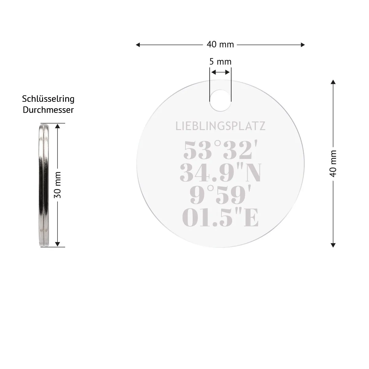 Personalisierter Acrylglas Schlüsselanhänger als Kreis - Koordinaten