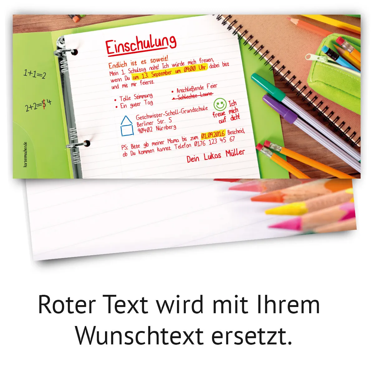 Einladung zur Einschulung im Notizheft Motiv