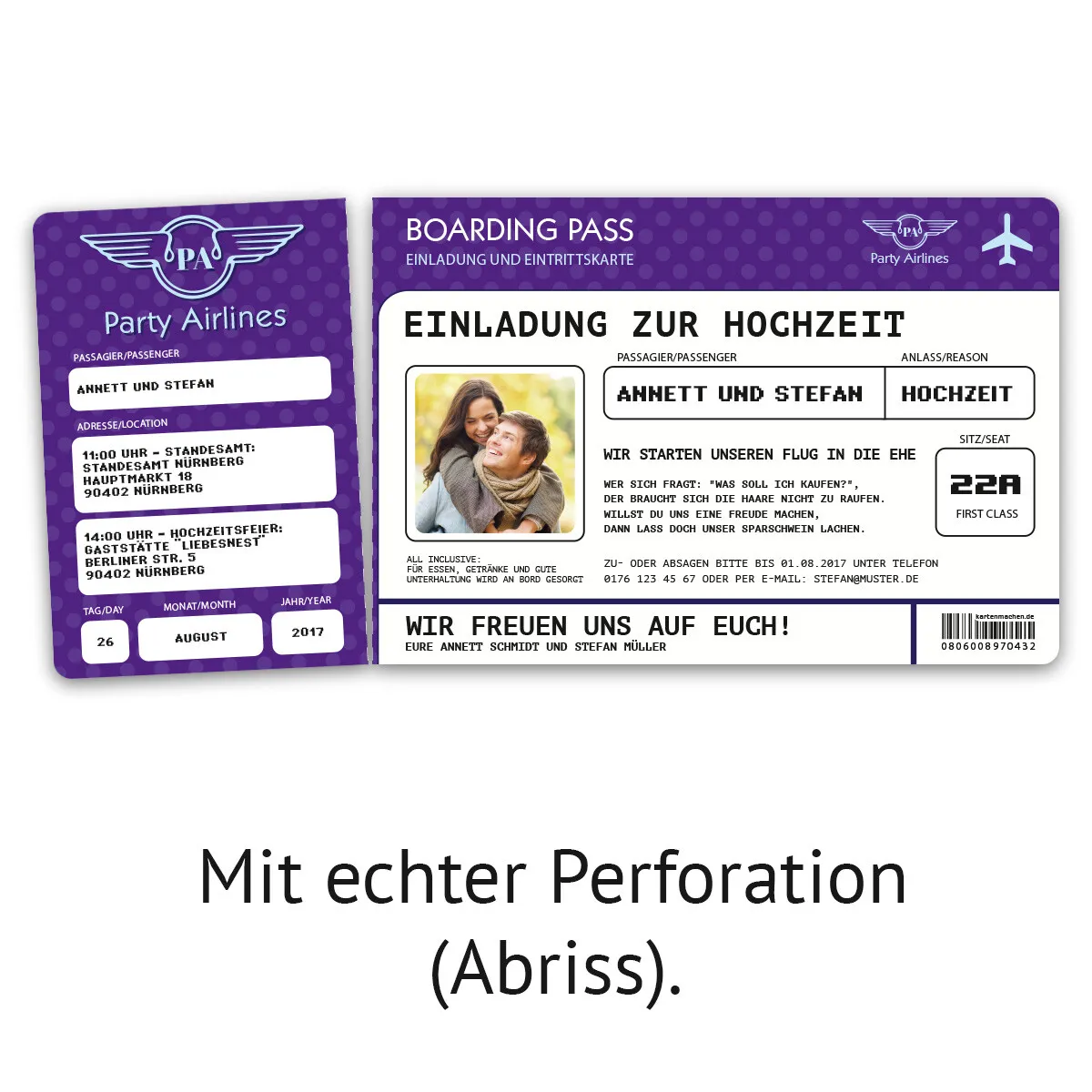 Hochzeitskarten als Flugticket - Lila