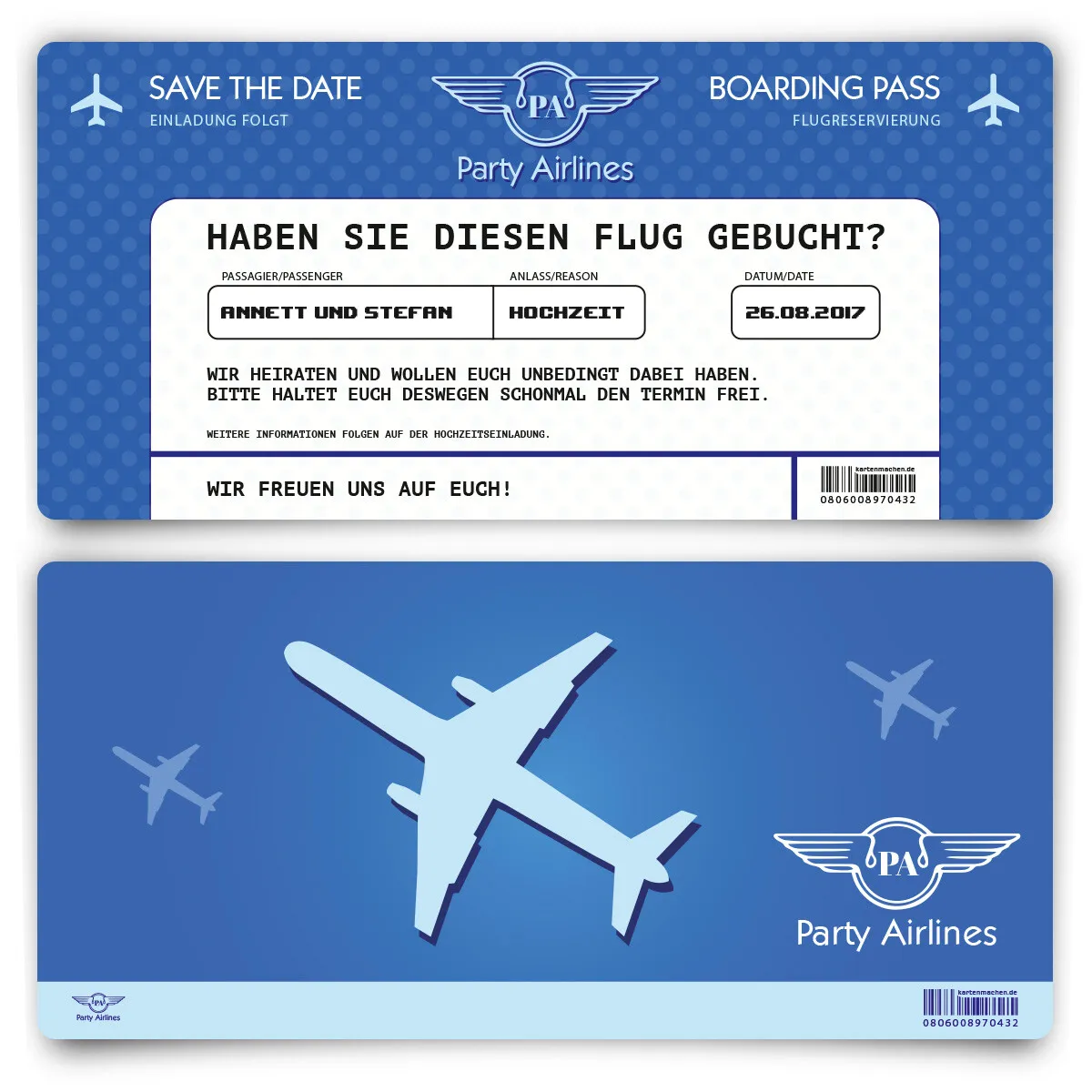 Save the Date Karte im Flugticket Motiv - Blau