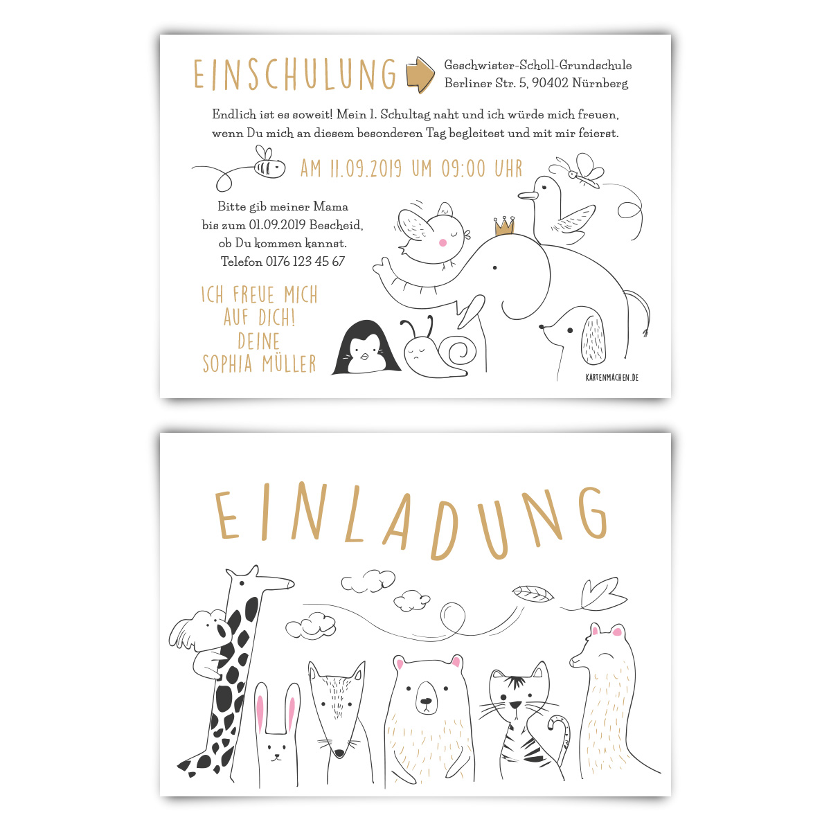 Einschulung Einladungskarten - Tierfreunde