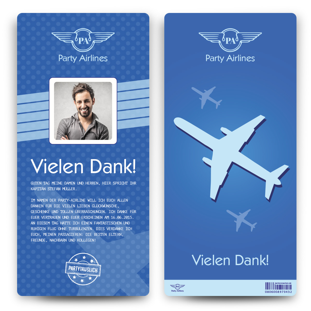 Danksagungskarten Flugticket - Blau