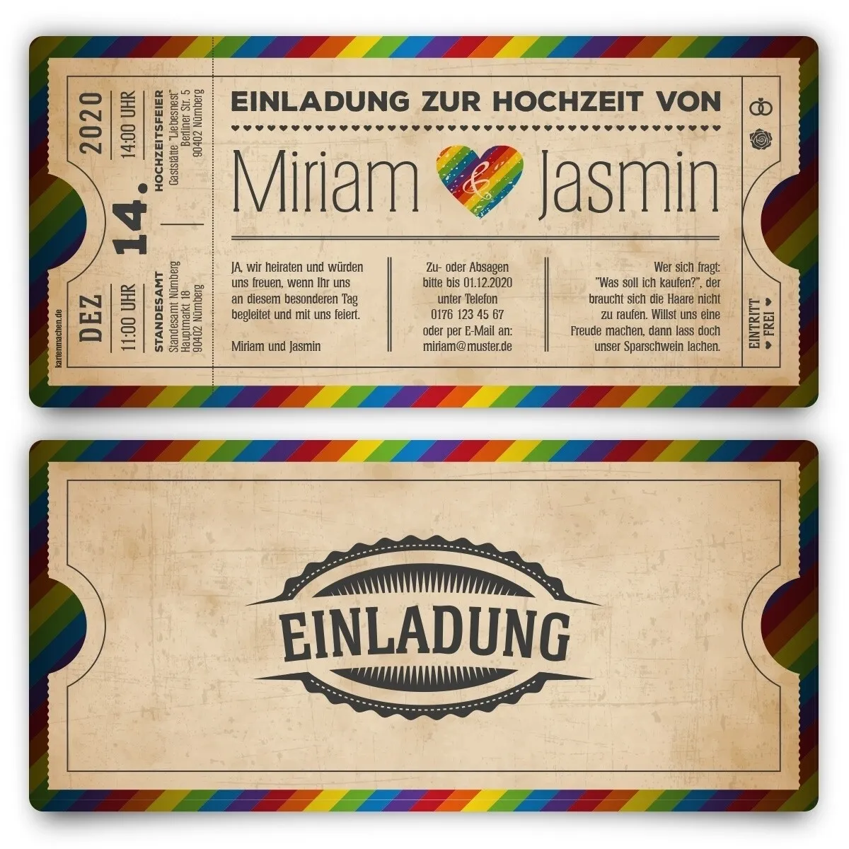 Gleichgeschlechtliche Hochzeitseinladungen für Frauen - Vintage Ticket