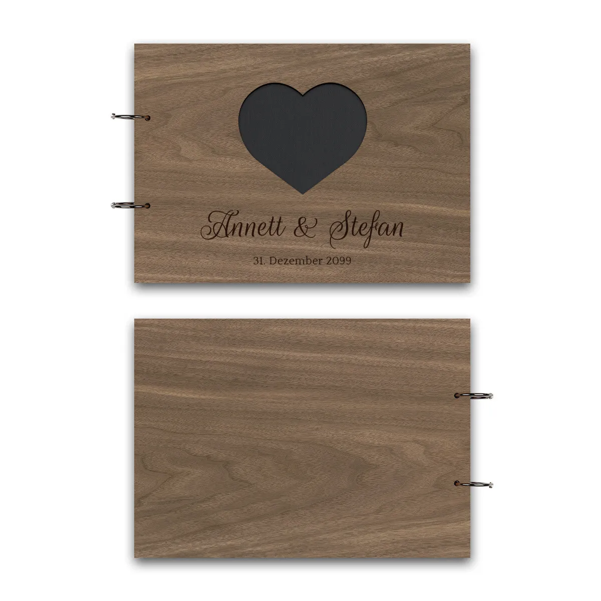 Personalisiertes Hochzeit Fotoalbum Nussbaum Holz A4 quer - Herz