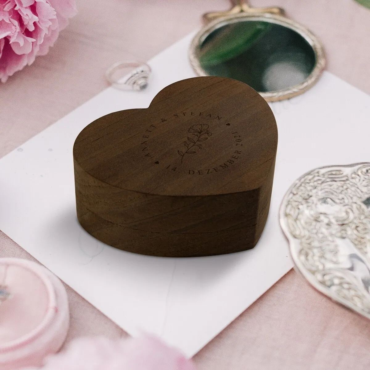 Hochzeit Herz Ringbox Kebony Holz - Blume