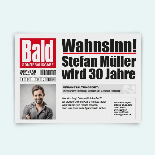 Witzige Geburtstagseinladungskarten im Zeitung Motiv mit eigenem Foto