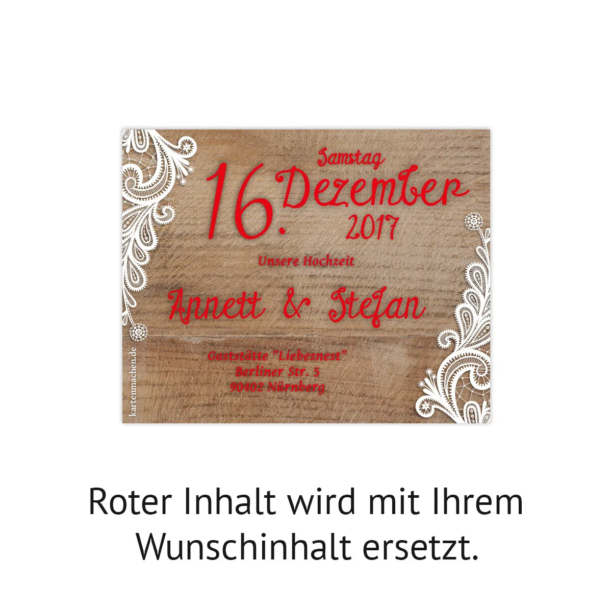 Hochzeitseinladung als Flaschenetikett - Rustikal mit weißer Spitze