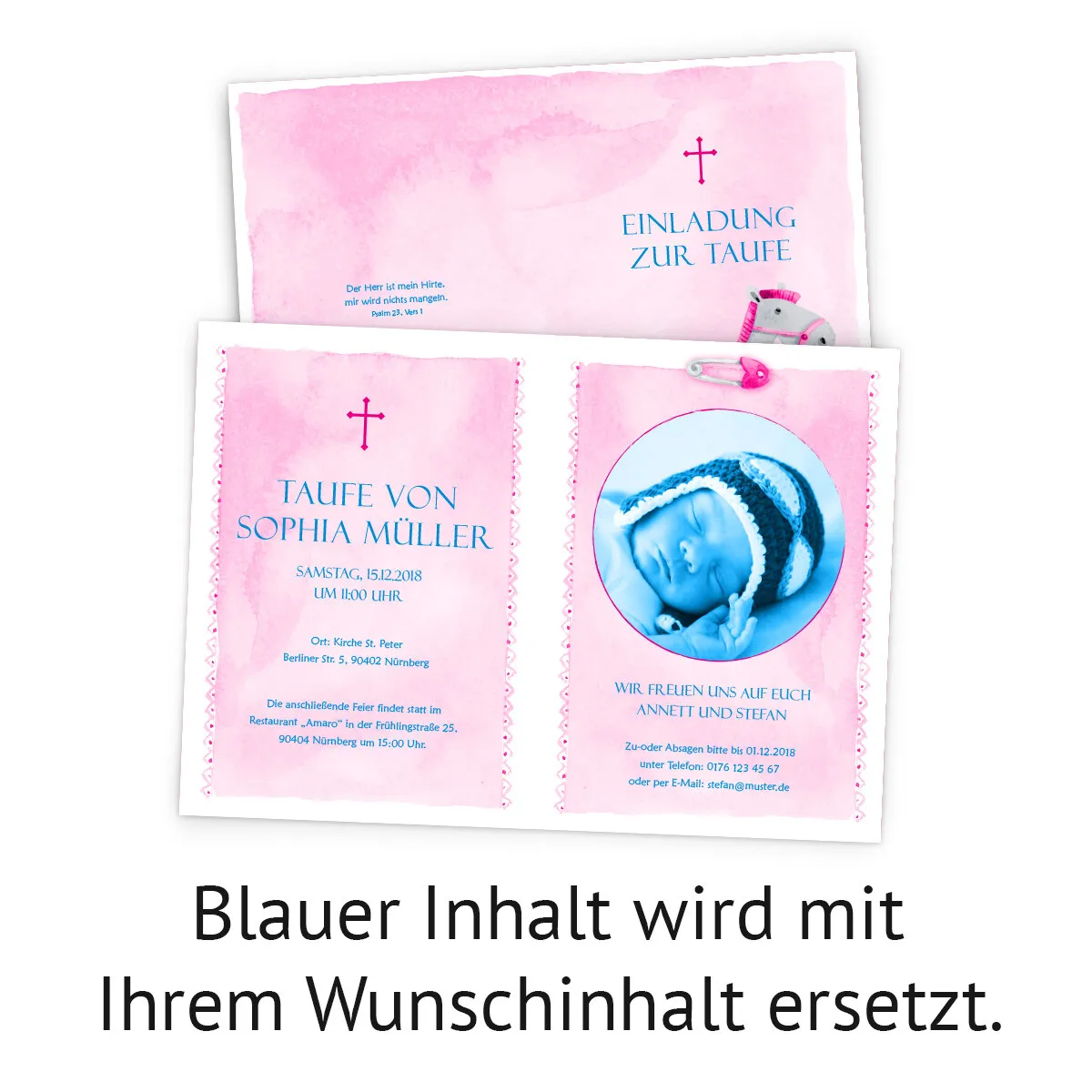 Einladungen zur Taufe - Schaukelpferd Rosa