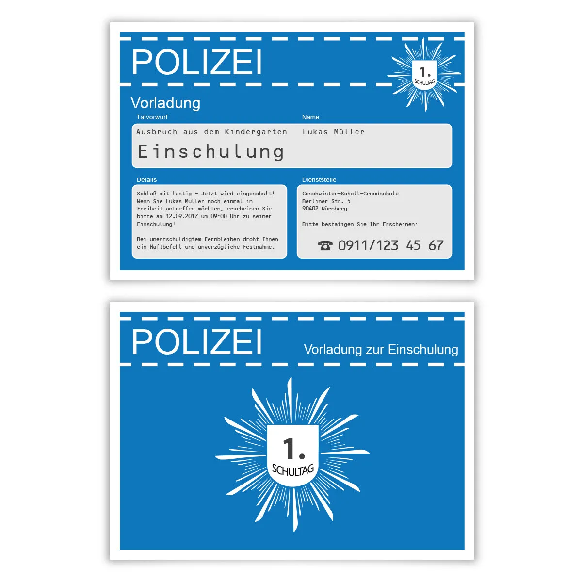 Einladungskarten - Polizei Vorladung zur Einschulung in Blau