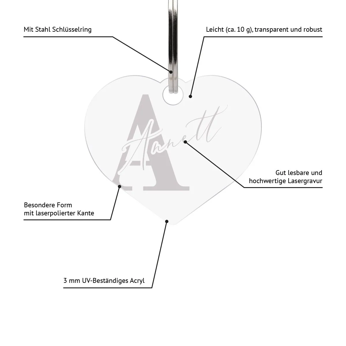 Personalisierter Acrylglas Schlüsselanhänger als Herz - Elegante Initialen
