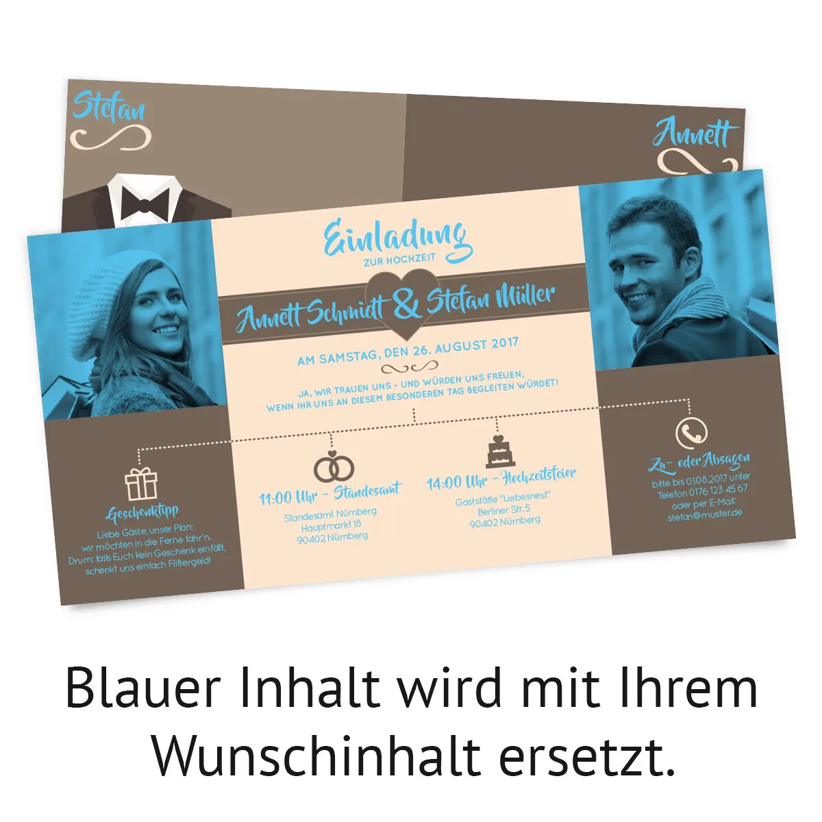 Hochzeitseinladungen - Braut und Bräutigam Altarfalz in Braun