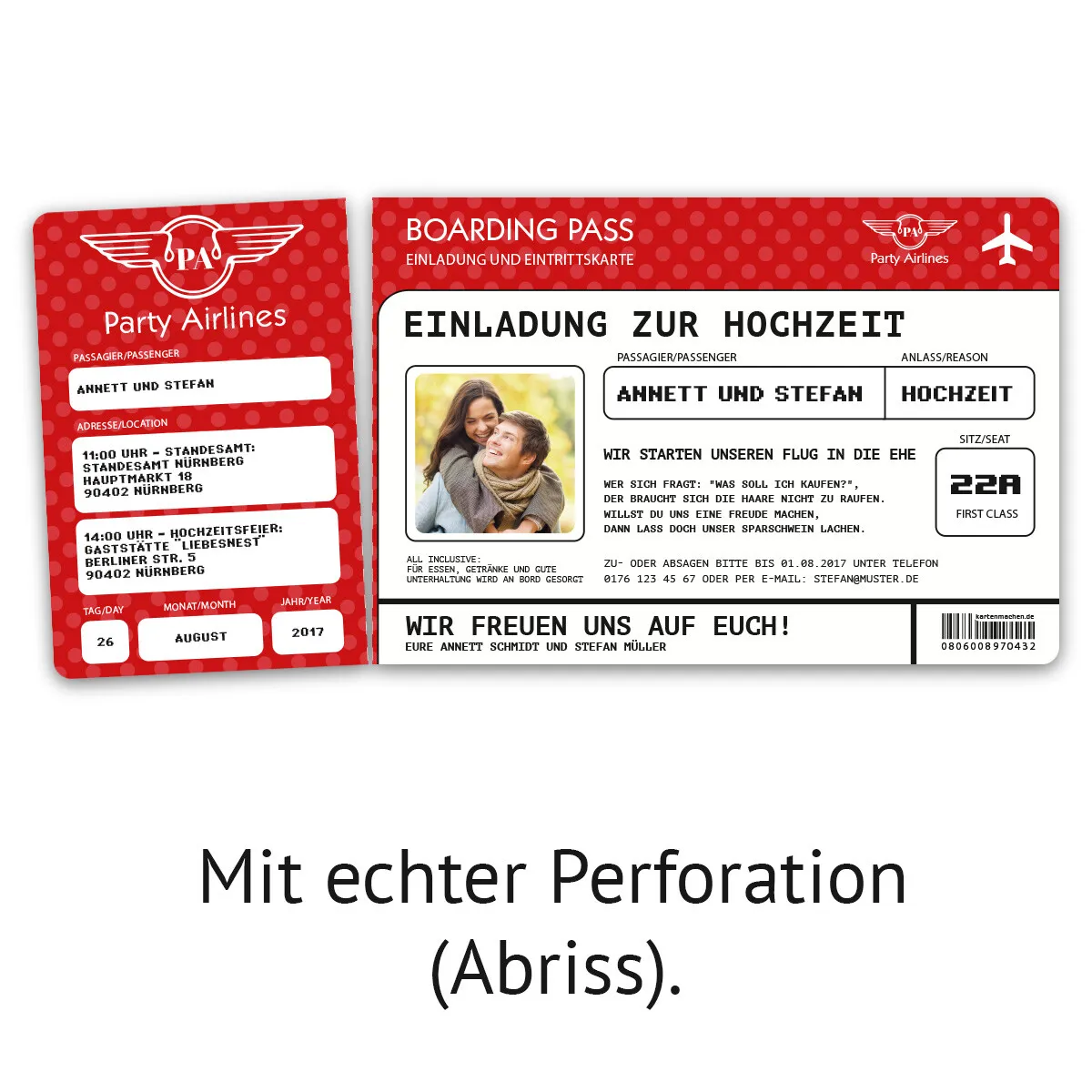 Hochzeitskarten als Flugticket - Rot