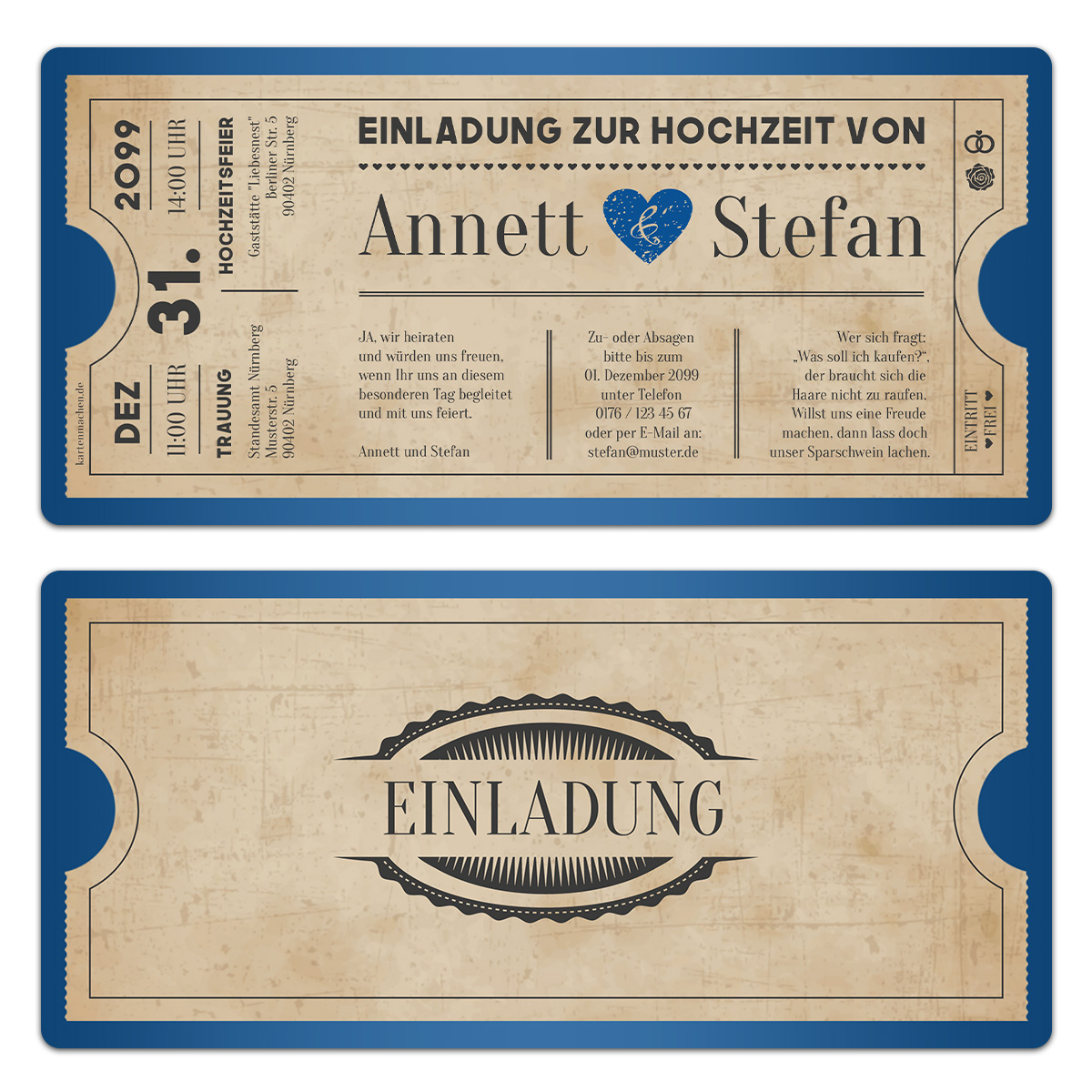 Hochzeitskarten als Eintrittskarte - Vintage Herz Blau