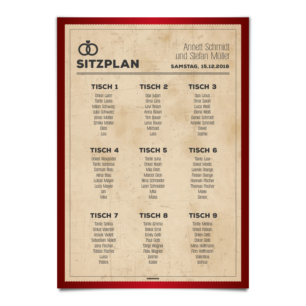 Hochzeit Sitzplan Plakat - Vintage Herz in Rot