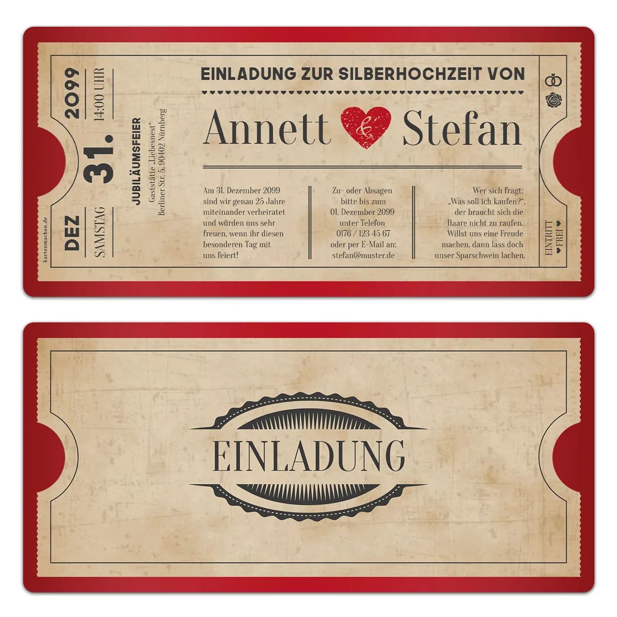 Silberhochzeit Hochzeitseinladungen - Vintage Herz Rot