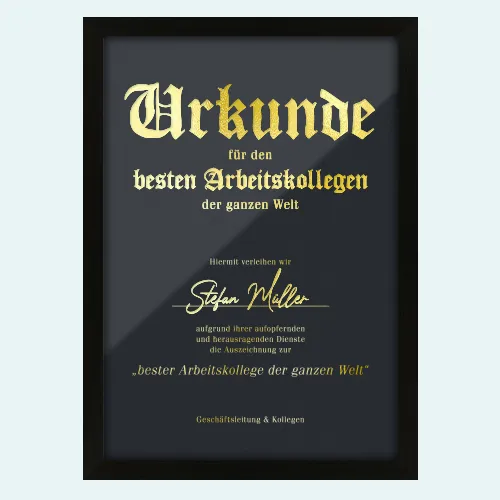 Geschenke für Kollegen, z. B: eine Urkunde mit echter Goldfolie für die besten Mitarbeiter