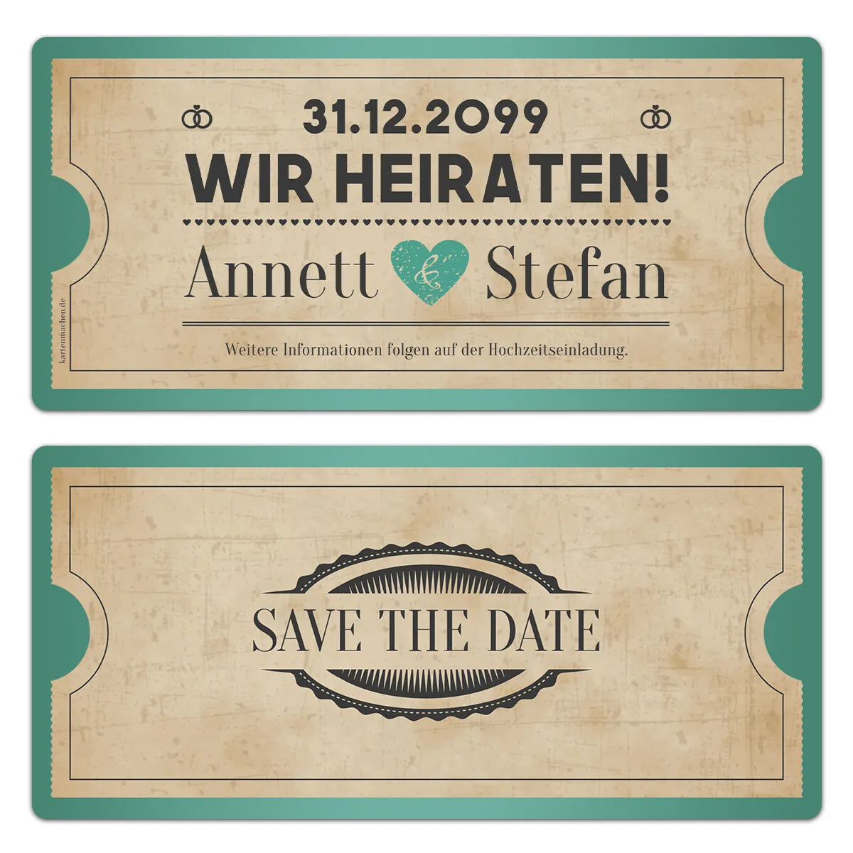 Save the Date Karten zur Hochzeit - Vintage Herz in Mintgrün