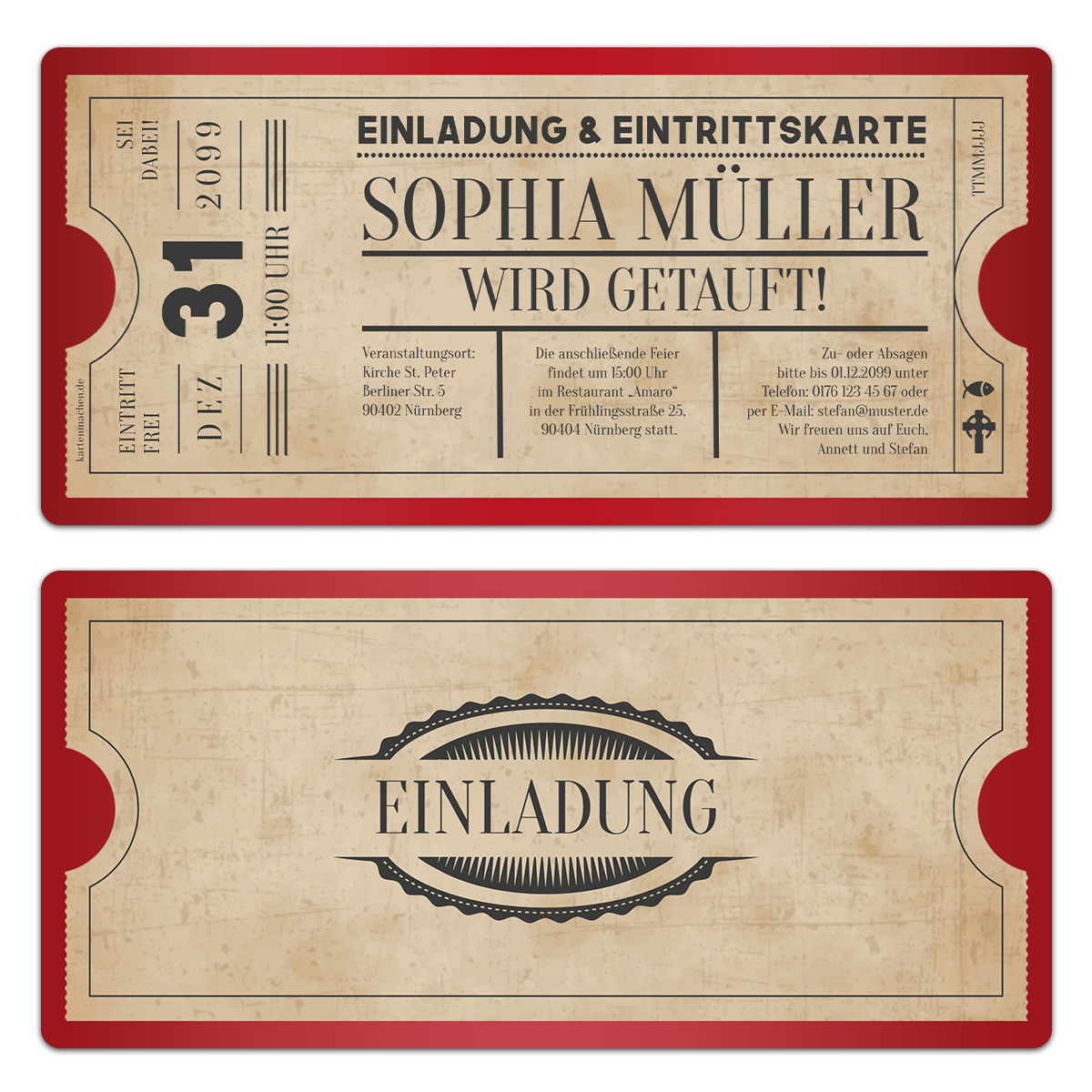 Taufe Einladungskarten - Vintage Ticket in Rot