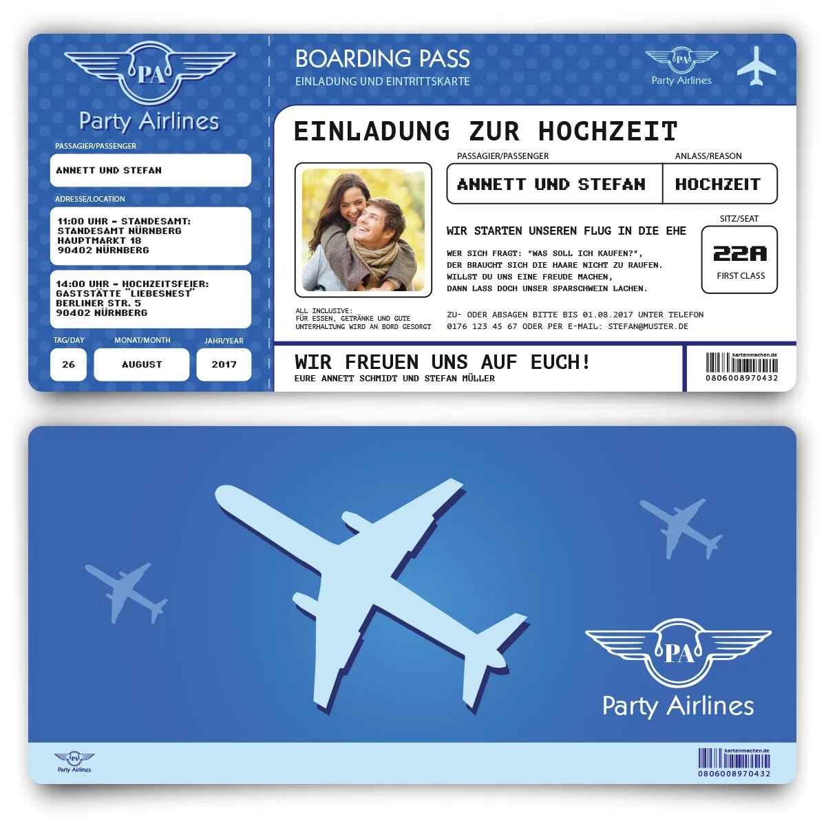 Hochzeitskarten als Flugticket - Blau