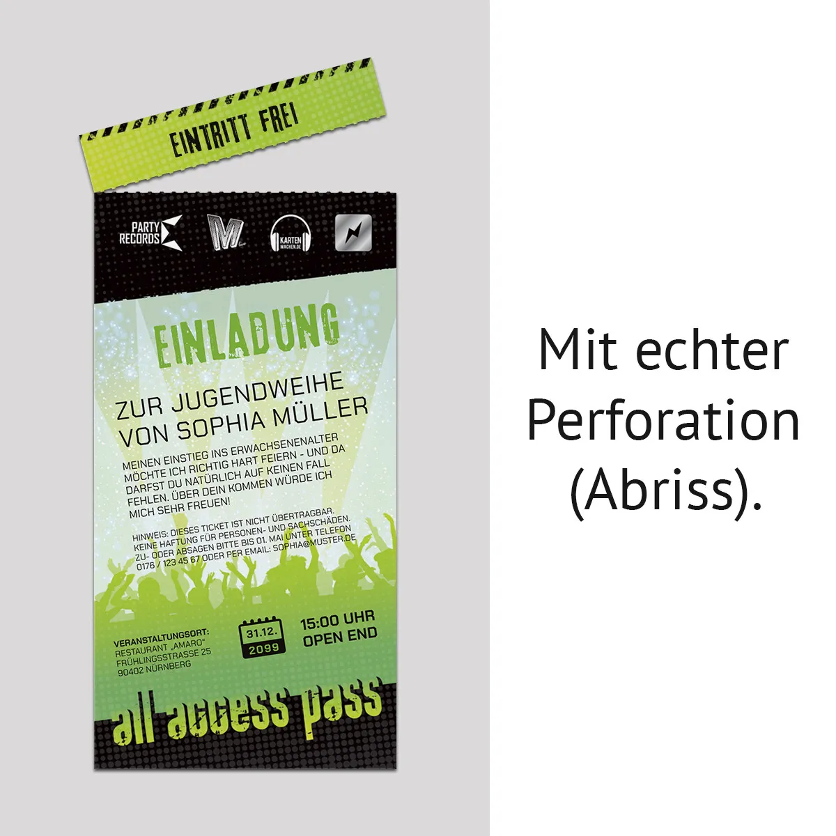 Jugendweihe Einladungskarten - "Konzertkarte" mit echtem Abriss