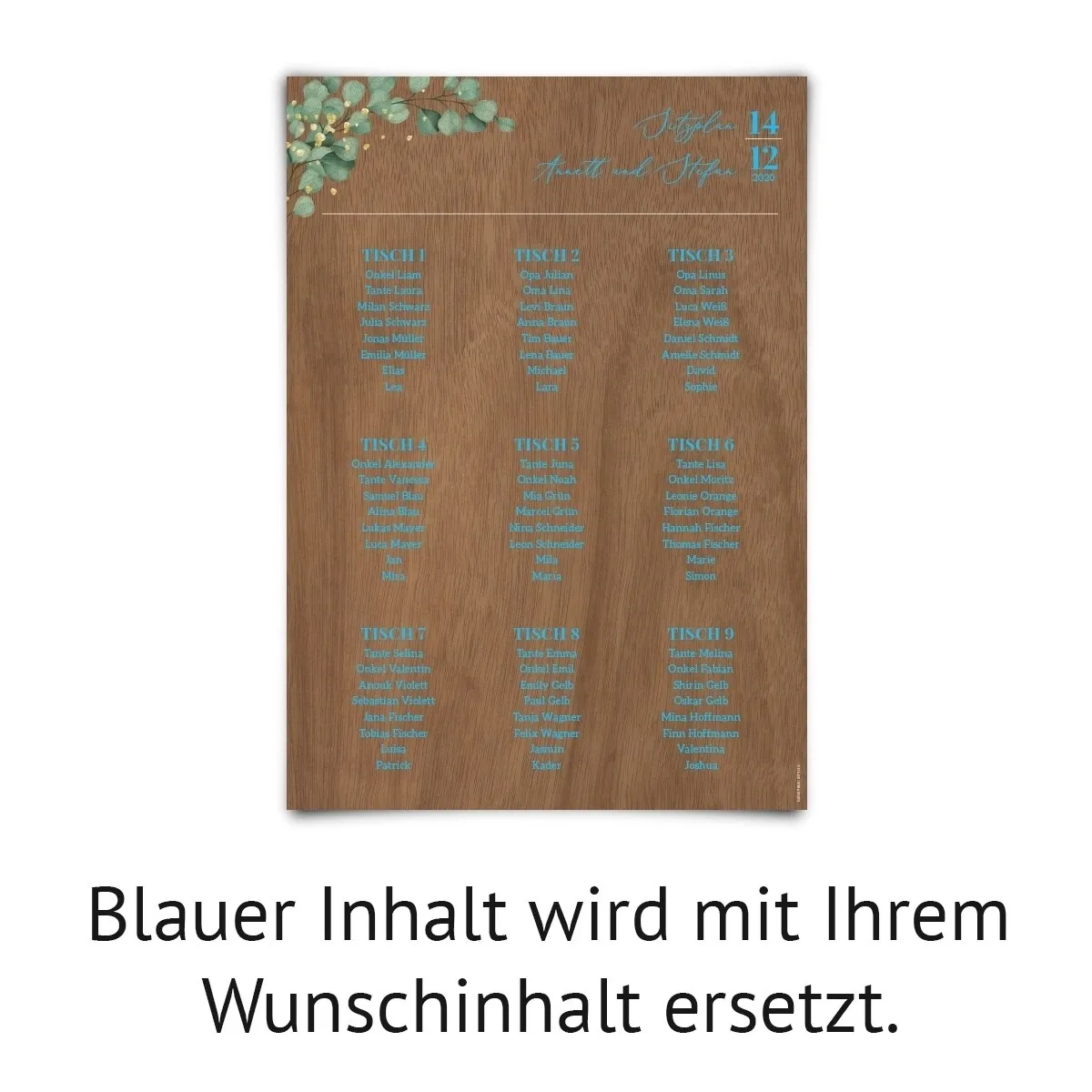 Hochzeit Sitzplan Plakat Holz-Design - Eukalyptus