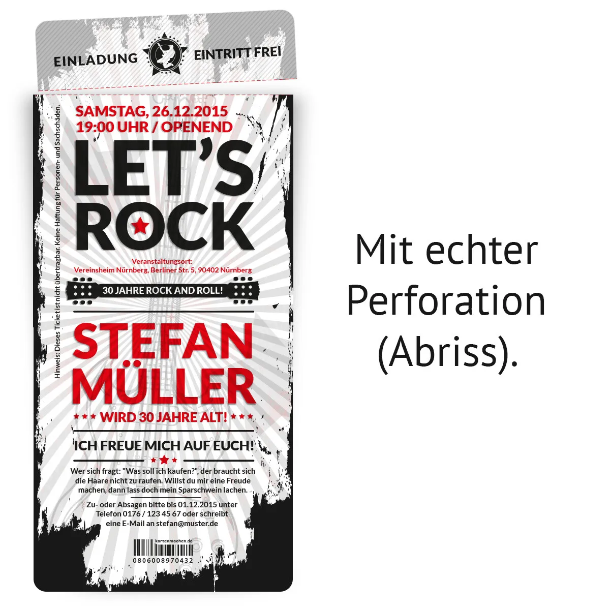 Geburtstag Einladung als Eintrittskarte - Rock and Roll