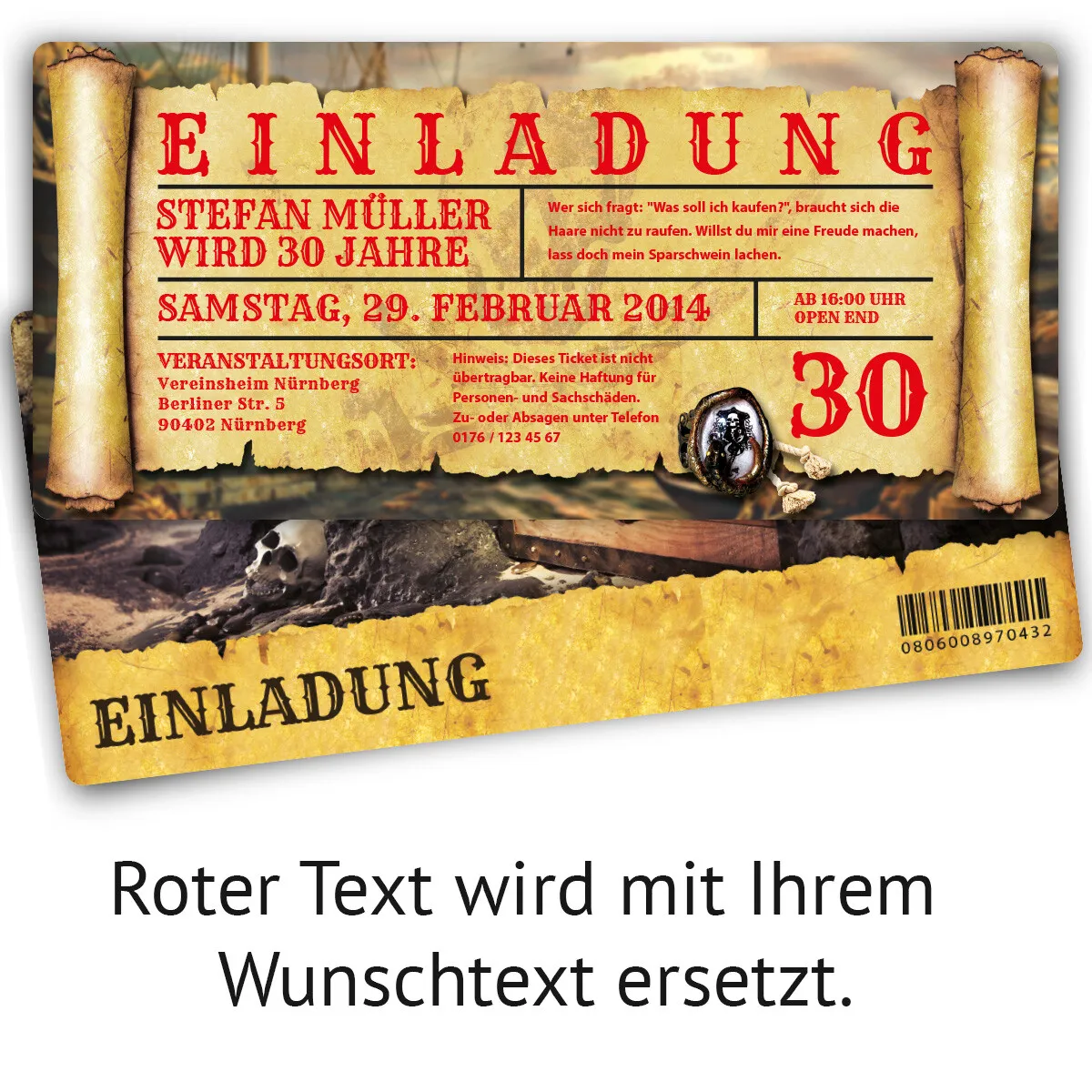 Einladungskarten im Piratenschatz Motiv